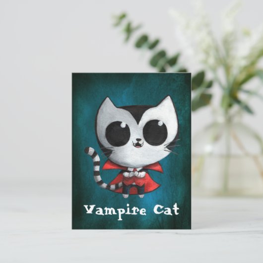 Niedlich Vampire Cat Postkarte (Stehend Vorderseite)