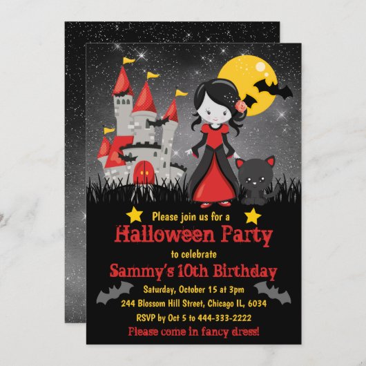 Niedlich Vampire Girl and Castle Halloween Einladung (Vorne/Hinten)