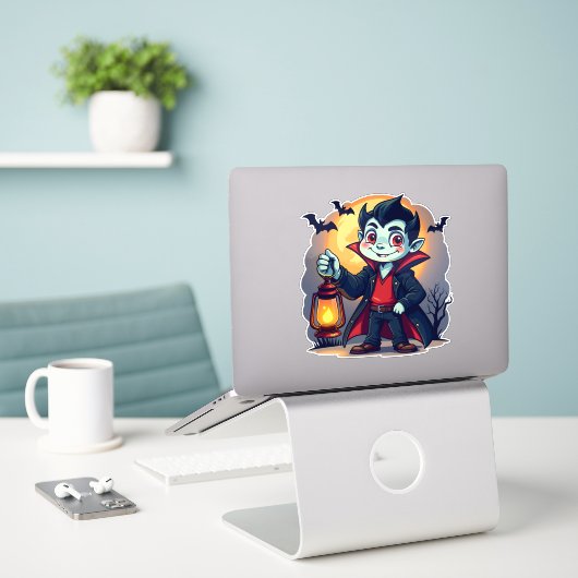 Niedlich Vampire mit Lantern Kawaii Halloween Aufkleber (Laptop auf Schreibtisch)