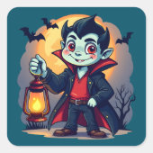 Niedlich Vampire mit Lantern Kawaii Halloween Quadratischer Aufkleber (Vorderseite)