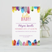 Niedlich Vibrant Hello Baby! Feathers Baby Shower Einladung (Stehend Vorderseite)