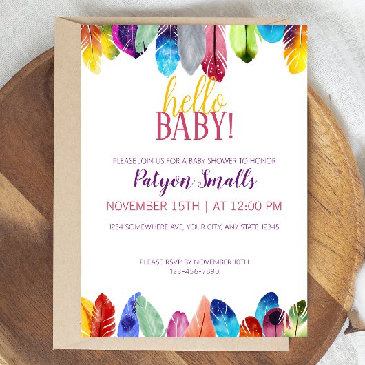 Niedlich Vibrant Hello Baby! Feathers Baby Shower Einladung