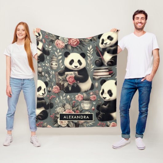 Niedlich Vintag Panda Floral Fleecedecke (Beispiel)
