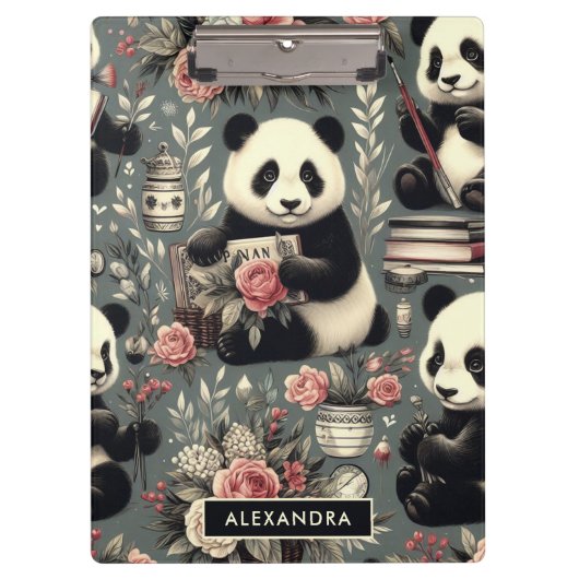 Niedlich Vintag Panda Floral Klemmbrett (Vorderseite)