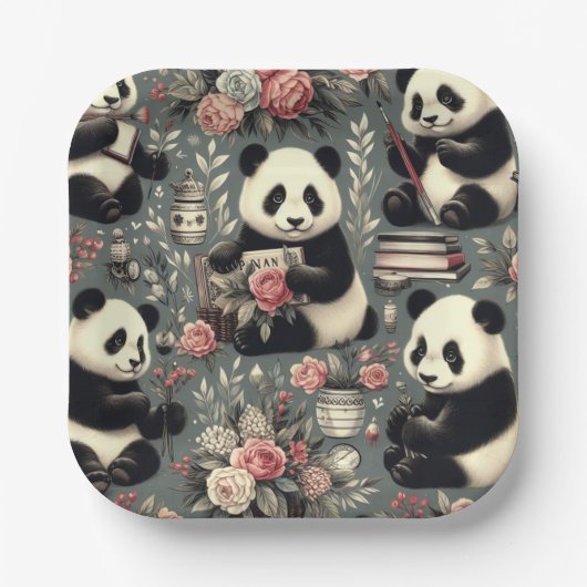 Niedlich Vintag Panda Floral Pappteller (Vorderseite)