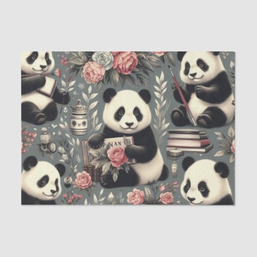 Niedlich Vintag Panda Floral Seidenpapier (Vorderseite)