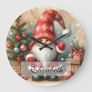 Niedlich Vintage Christmas Gnomes Wasserfarben Kun Große Wanduhr