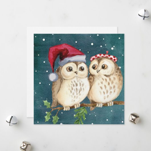 Niedlich Vintage Christmas Owls Flat Feiertagskarte (Vorderseite/Rückseite Beispiel)