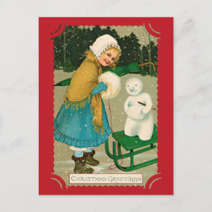 Niedlich Vintage Weihnachtsgrüße Girl Snowman Postkarte