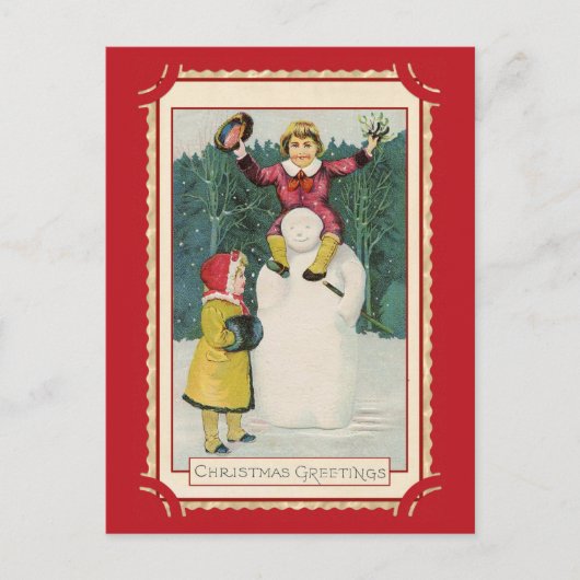 Niedlich Vintage Weihnachtsgrüße Kinder Snowman Postkarte (Vorderseite)