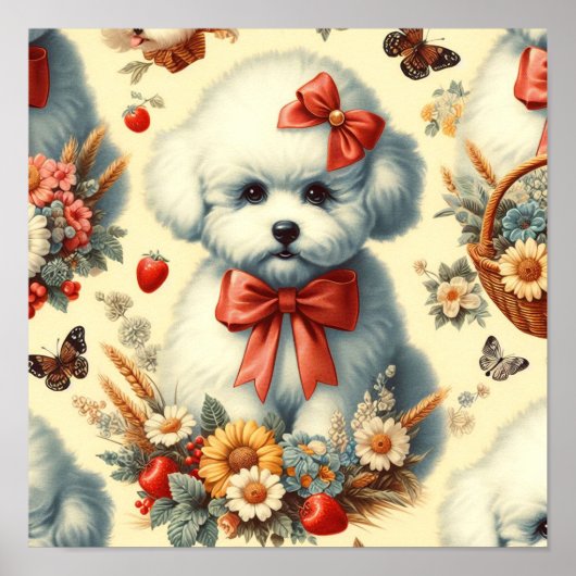 Niedlich Vintager Bichon Frisé Illustration Poster (Vorne)