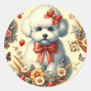 Niedlich Vintager Bichon Frisé Illustration Runder Aufkleber
