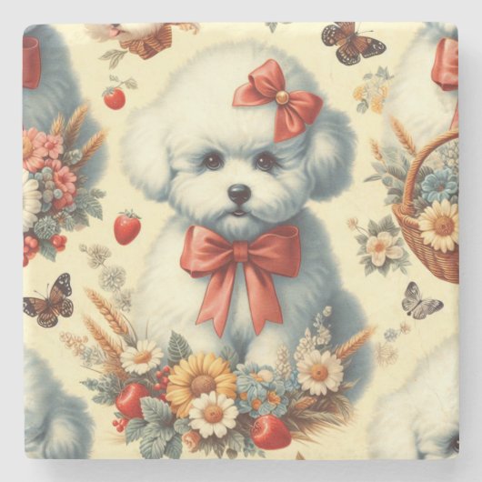 Niedlich Vintager Bichon Frisé Illustration Steinuntersetzer (Vorderseite)