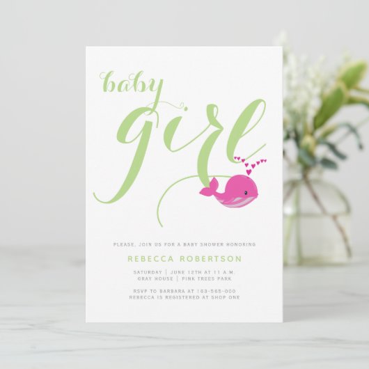 Niedlich-Wal-Grün-Typografie-Babydusche Einladung (Stehend Vorderseite)