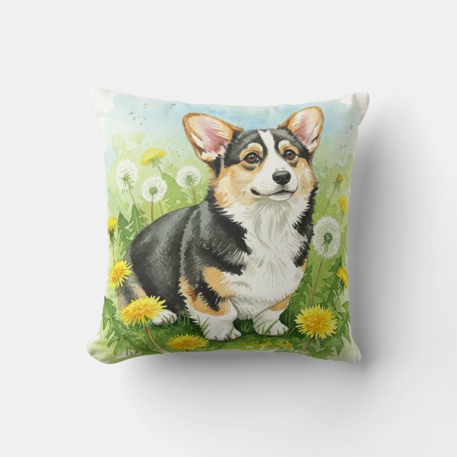 Niedlich Walish Pembroke Corgi Dandelions Kissen (Vorderseite)