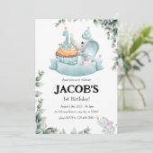 Niedlich Watercolor Baby Elephant erster Geburtsta Einladung (Stehend Vorderseite)