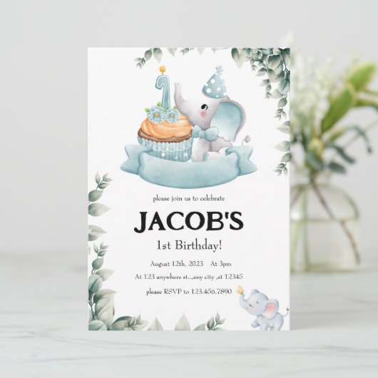 Niedlich Watercolor Baby Elephant erster Geburtsta Einladung (Stehend Vorderseite)
