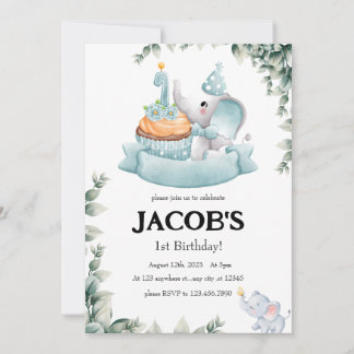 Niedlich Watercolor Baby Elephant erster Geburtsta Einladung