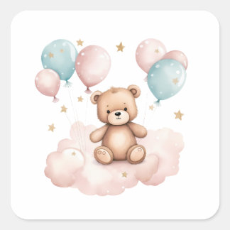 Niedlich Watercolor Balloon Teddy Bär Quadratischer Aufkleber