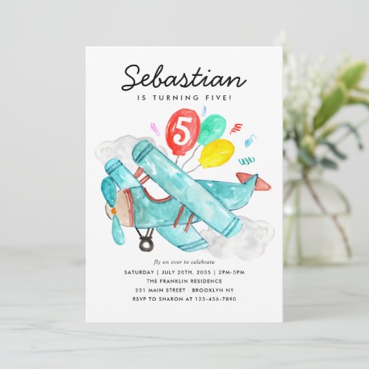 Niedlich Watercolor Blue Flugzeug Balloons Kinderg Einladung (Stehend Vorderseite)