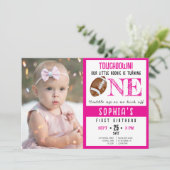 Niedlich Watercolor Football Foto Girl 1. Geburtst Einladung (Stehend Vorderseite)