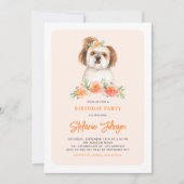 Niedlich Watercolor Shih Tzu Peach Floral Geburtst Einladung (Vorderseite)