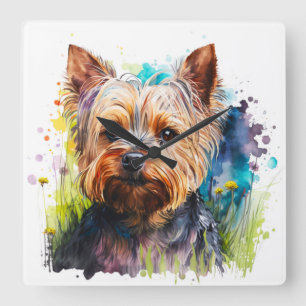 NIEDLICH WATERCOLOR YORKSHIRE TERRIER DOG QUADRATISCHE WANDUHR