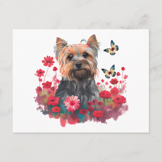 Niedlich Watercolor Yorkshire Terrier Puppy & Blum Postkarte (Vorderseite)