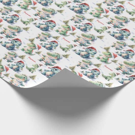 Niedlich Weihnachten Dinosaurier Personalisiert Geschenkpapier (Ecke)