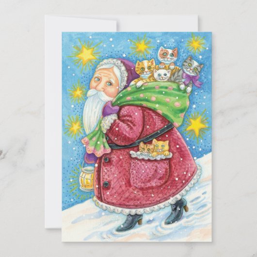 Niedlich Weihnachten, Weihnachtsmann mit Kätzchen Einladung (Vorderseite)
