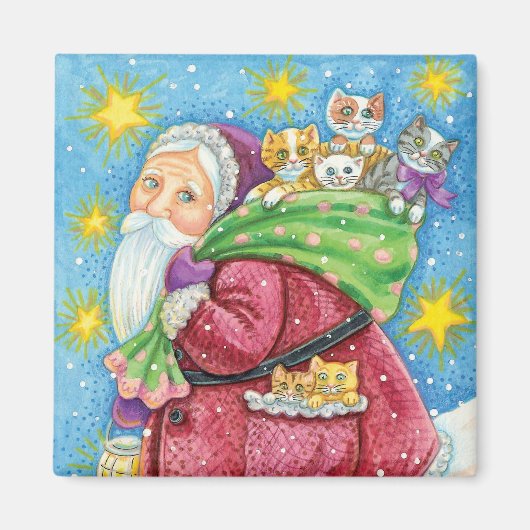 Niedlich Weihnachten, Weihnachtsmann mit Kätzchen Magnet (Vorne)