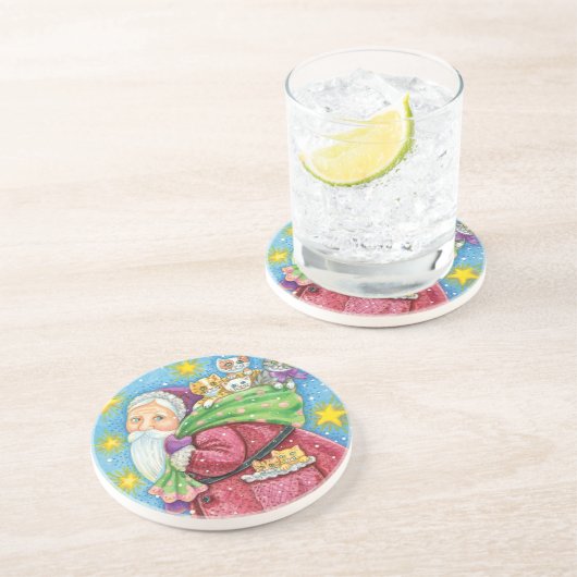 Niedlich Weihnachten, Weihnachtsmann mit Kätzchen  Untersetzer (Seite)