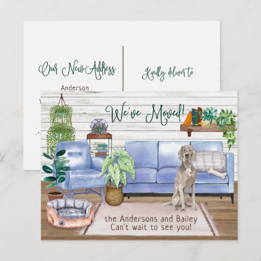 Niedlich Weimaraner Gemütlich Neue Zuhause-Bewegun Ankündigungspostkarte (Vorne/Hinten)