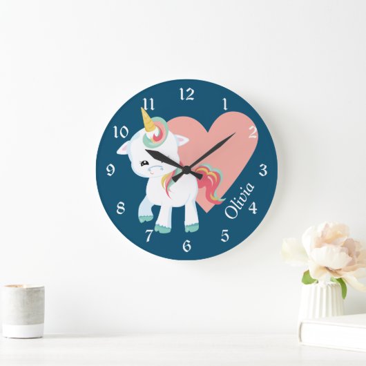 Niedlich Weiß Einhorn Rosa Herz Personalisiertes K Große Wanduhr (Zuhause)
