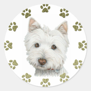 Niedlich West Highland White Terrier Dog and Paws Runder Aufkleber