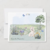 Niedlich Westie Butterfly Meadow Monogram & Name Mitteilungskarte (Vorderseite)