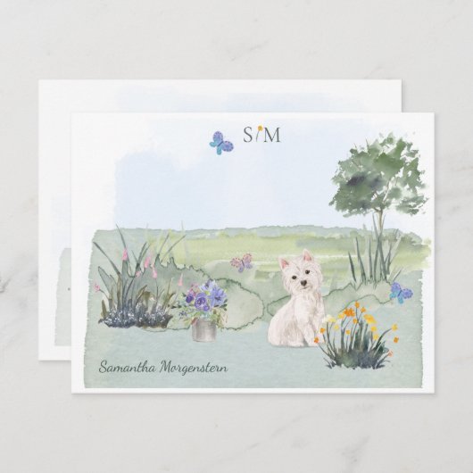 Niedlich Westie Butterfly Meadow Monogram & Name Mitteilungskarte (Vorne/Hinten)