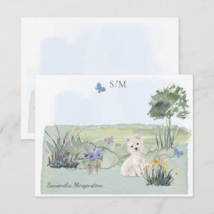 Niedlich Westie Butterfly Meadow Monogram & Name Mitteilungskarte