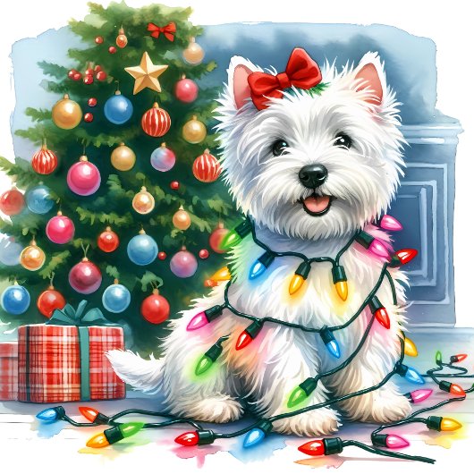 Niedlich Westie Christmas Tree Lights Feiertagskarte