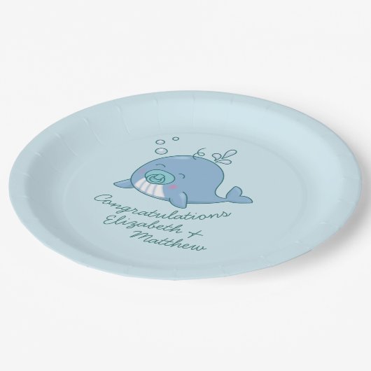 Niedlich Whale Baby Shower Kawaii Boy Blue Pappteller (Schrägansicht)