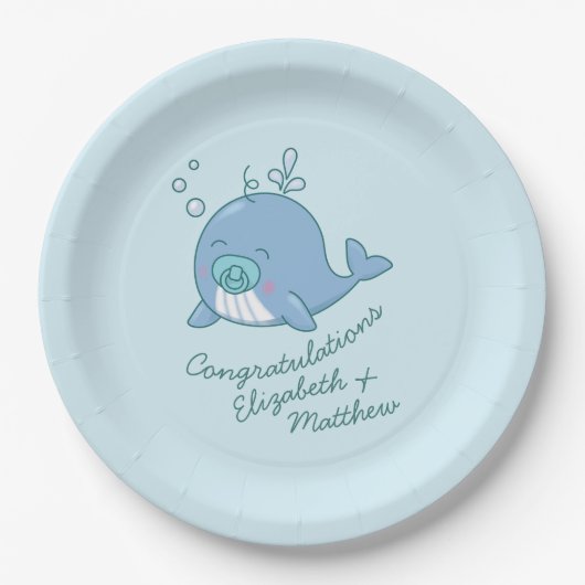 Niedlich Whale Baby Shower Kawaii Boy Blue Pappteller (Vorderseite)