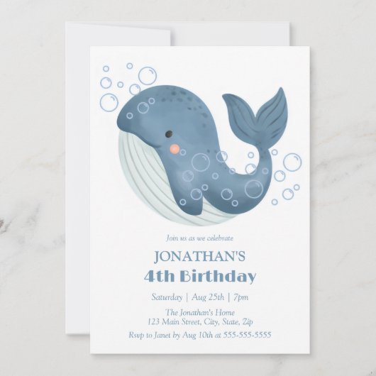 Niedlich Whale Blue Bubble Kindergeburtstag Einladung (Vorderseite)