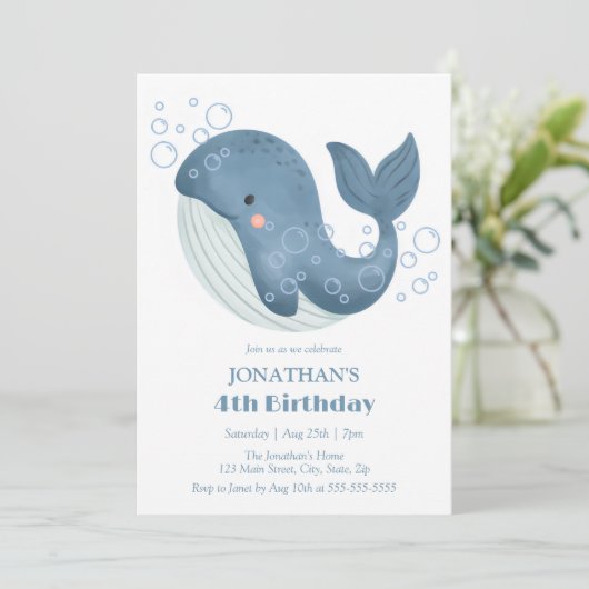 Niedlich Whale Blue Bubble Kindergeburtstag Einladung (Stehend Vorderseite)