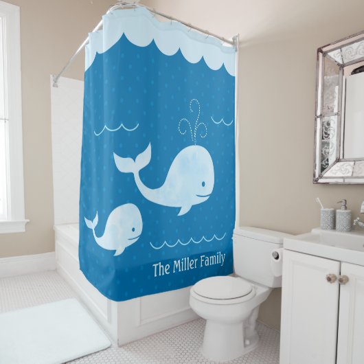 Niedlich Whale Family Blue Underwater Dots Duschvorhang (Beispiel)