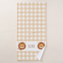 Niedlich Whimsical Lion Gingham Name Birth Badehandtuch