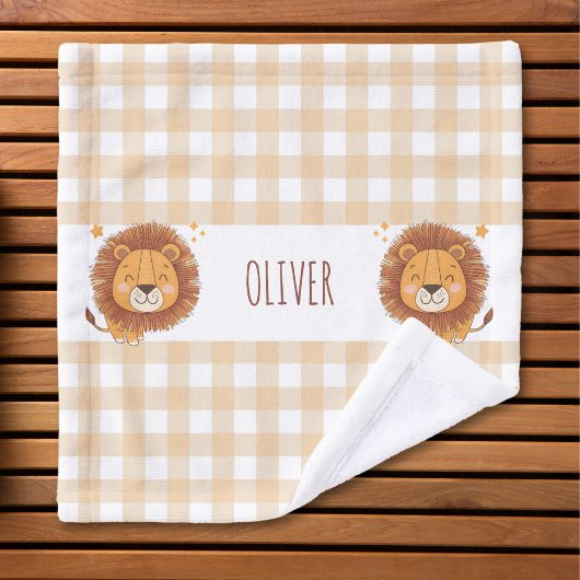 Niedlich Whimsical Lion Gingham Name Waschlappen