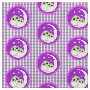 Niedlich Whimsical Owls Lila White Gingham Kariert Stoff