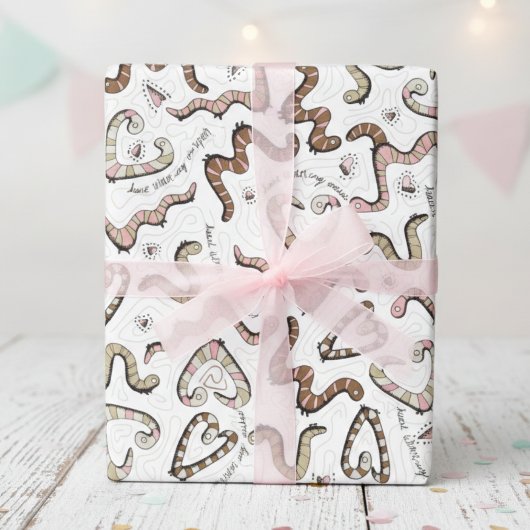 Niedlich- & whimsical Pink Heart Worm ing Wishings Geschenkpapier