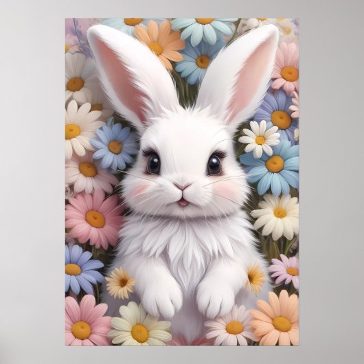 Niedlich White Bunny Pastel Daisy Blume Poster (Vorne)