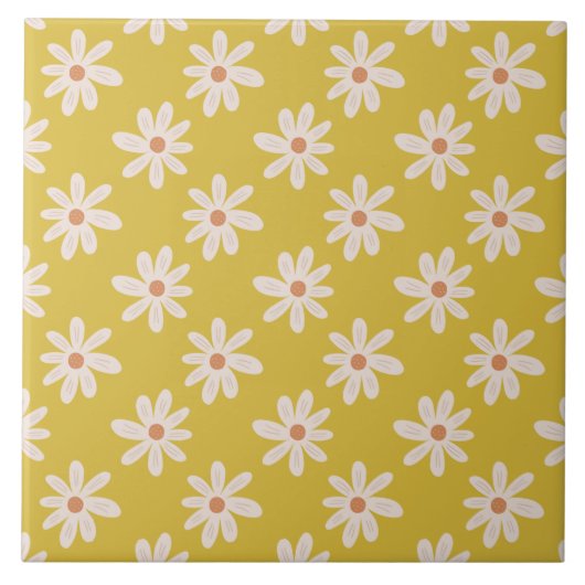 Niedlich White Daisy Blume Mustard Fliese (Vorderseite)